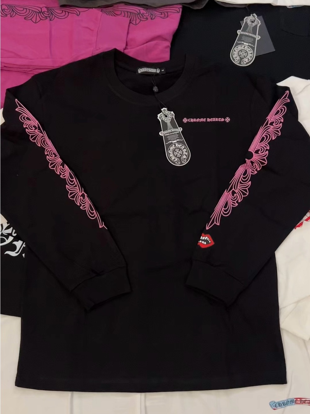 Chrome Hearts Black Long-Sleeve Tee with Pink Sleeve